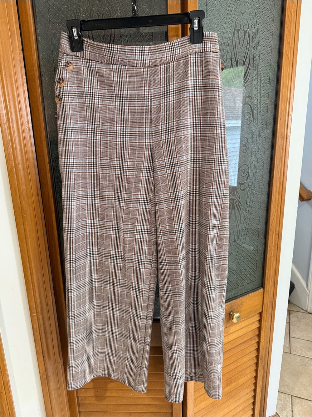 C by One Classic Wide Leg High-Waist Wide Leg Plaid Pants Brown & Cream Med 10